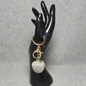 Crystal Apple Keychain Charm - Gold Tone with Clear Crystals